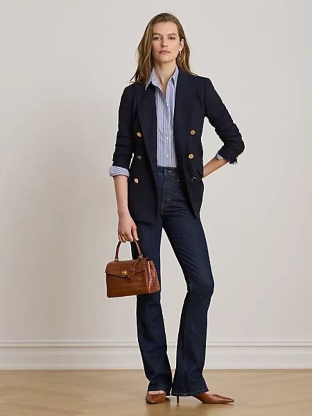 $365 Lauren Ralph Lauren Double-Breasted Wool Crepe Blazer Navy Size 10